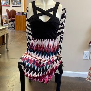 Crystal Doll Black Bodice Maxi with Pink, Teal & White Chevron Skirt